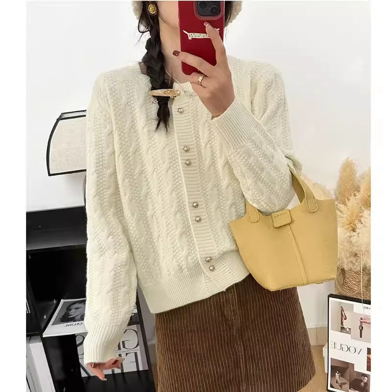 Twist Round Neck Pearl Buckle Soft And Comfortable Versatile Sweater Coat