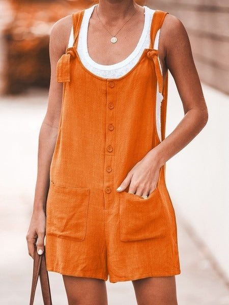 Women's Solid Color Patch Pocket Tie Cotton Linen Bib Pants