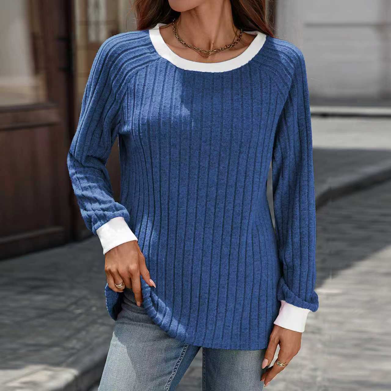 European And American Autumn And Winter Round Neck Contrast Color Long Sleeves Sunken Stripe T-shirt