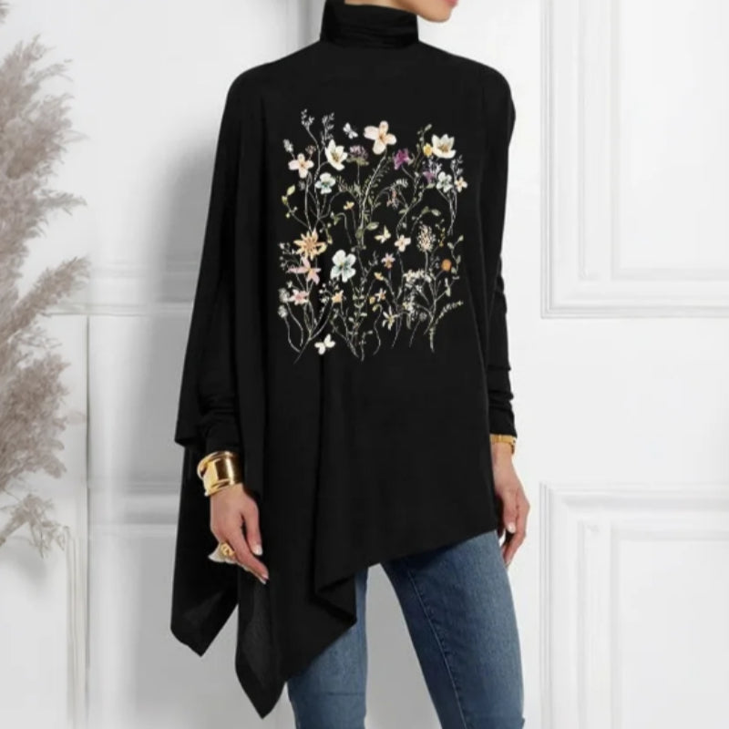 Turtleneck Floral Print Black Relaxed Fit Long Sleeve Top