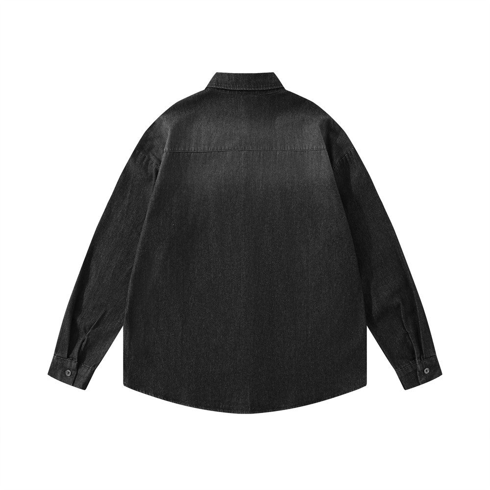 Badge Embroidered Letter Denim Long Sleeve Shirt Street Fashion