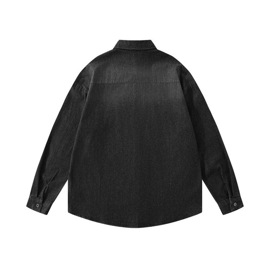Badge Embroidered Letter Denim Long Sleeve Shirt Street Fashion