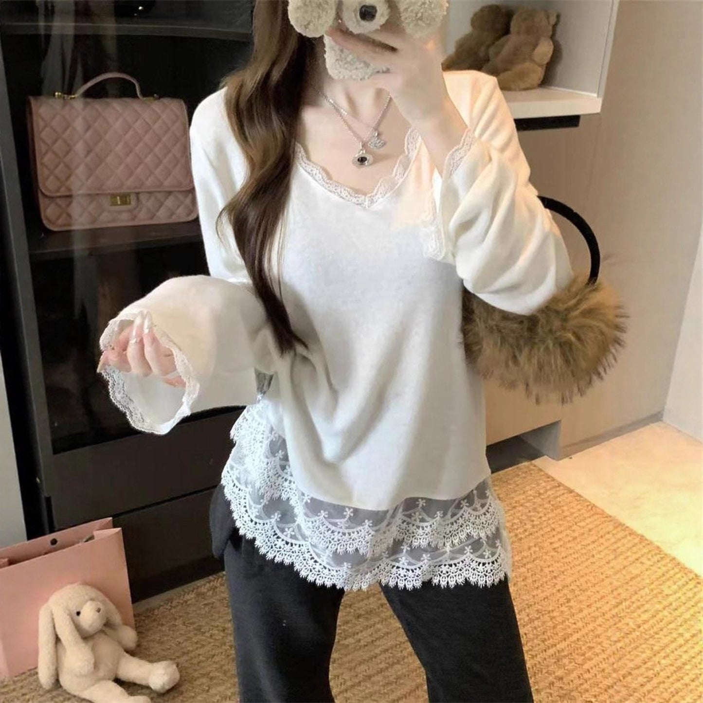 Lace Patchwork Long Sleeve V-neck Loose Stylish Women's Top