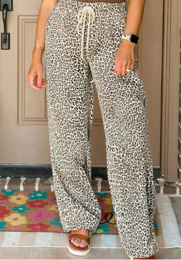 Brown Leopard Drawstring Elastic Waistband Loose Pants
