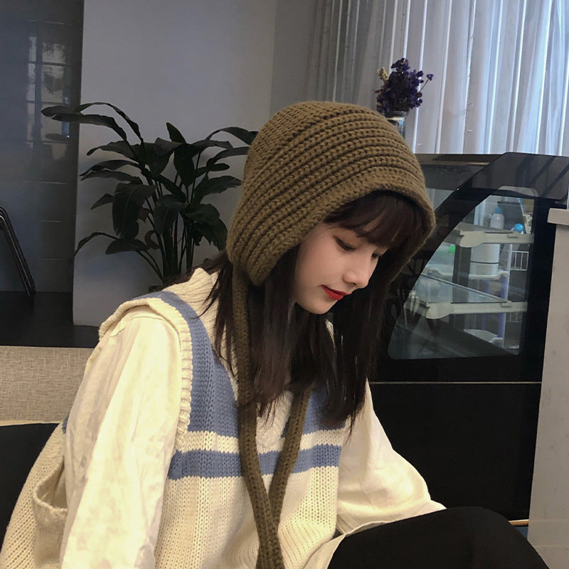 Women's Hand Knitted Long Lace-up Beanie Hat