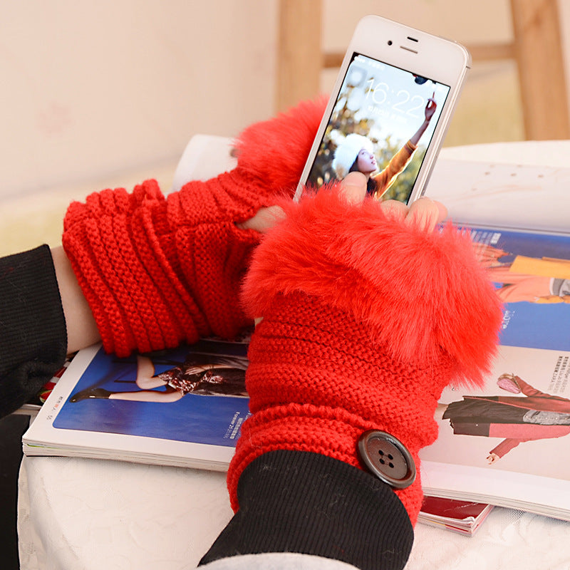 Women's Warm Solid Color Button Half-finger Gloves
