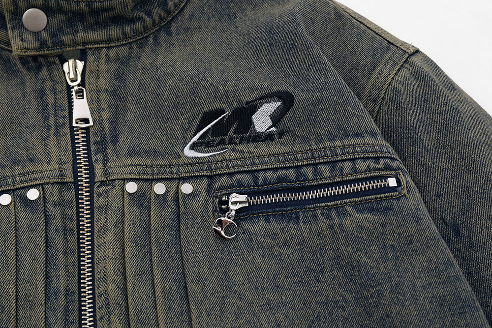 Washed And Worn Zipper Pocket Denim Jacket