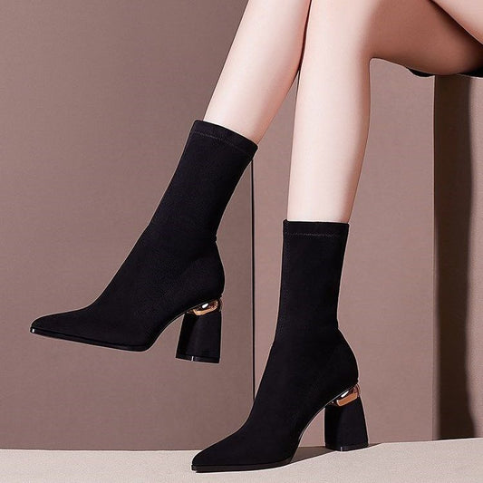 Women's Rhinestone Pointed Toe And Velvet High-heeled Ankle Boots