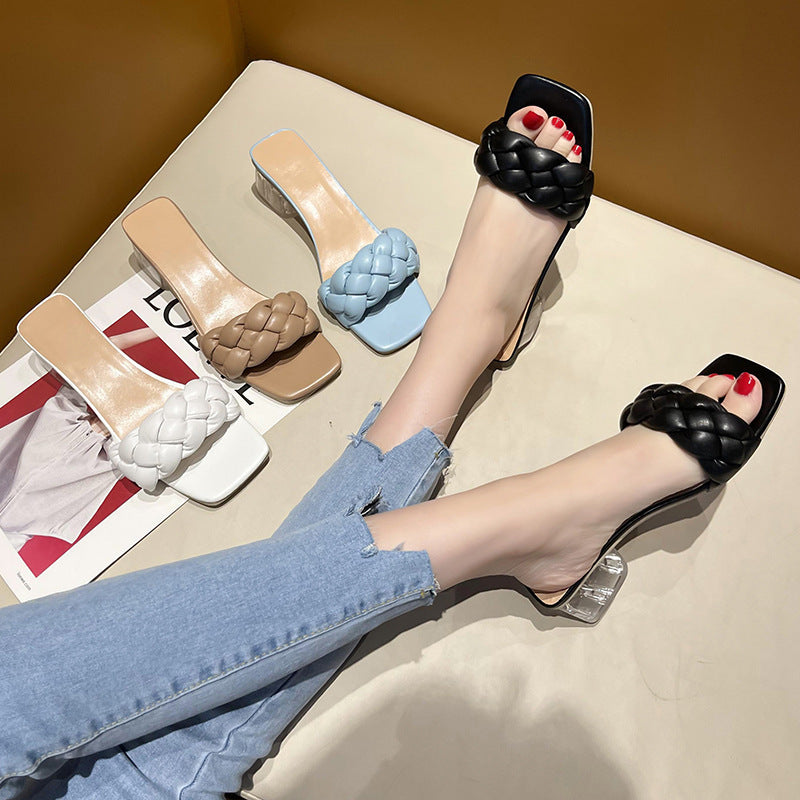 Fashion Square Toe Vævet One-Line Blokhæl Lav Hæl Hjemmesko