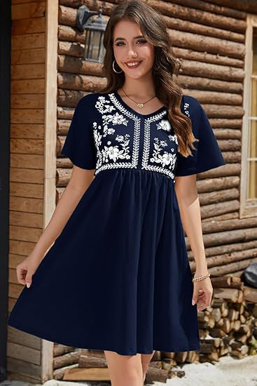 Casual Loose V-Neck Printed Defined-Waist Short-Sleeve Womens Dress