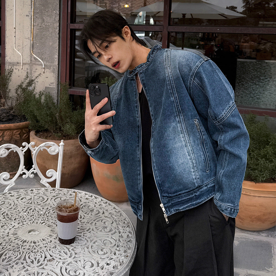 Loose-fit Stand-up Collar Jacket Cropped Denim Jacket