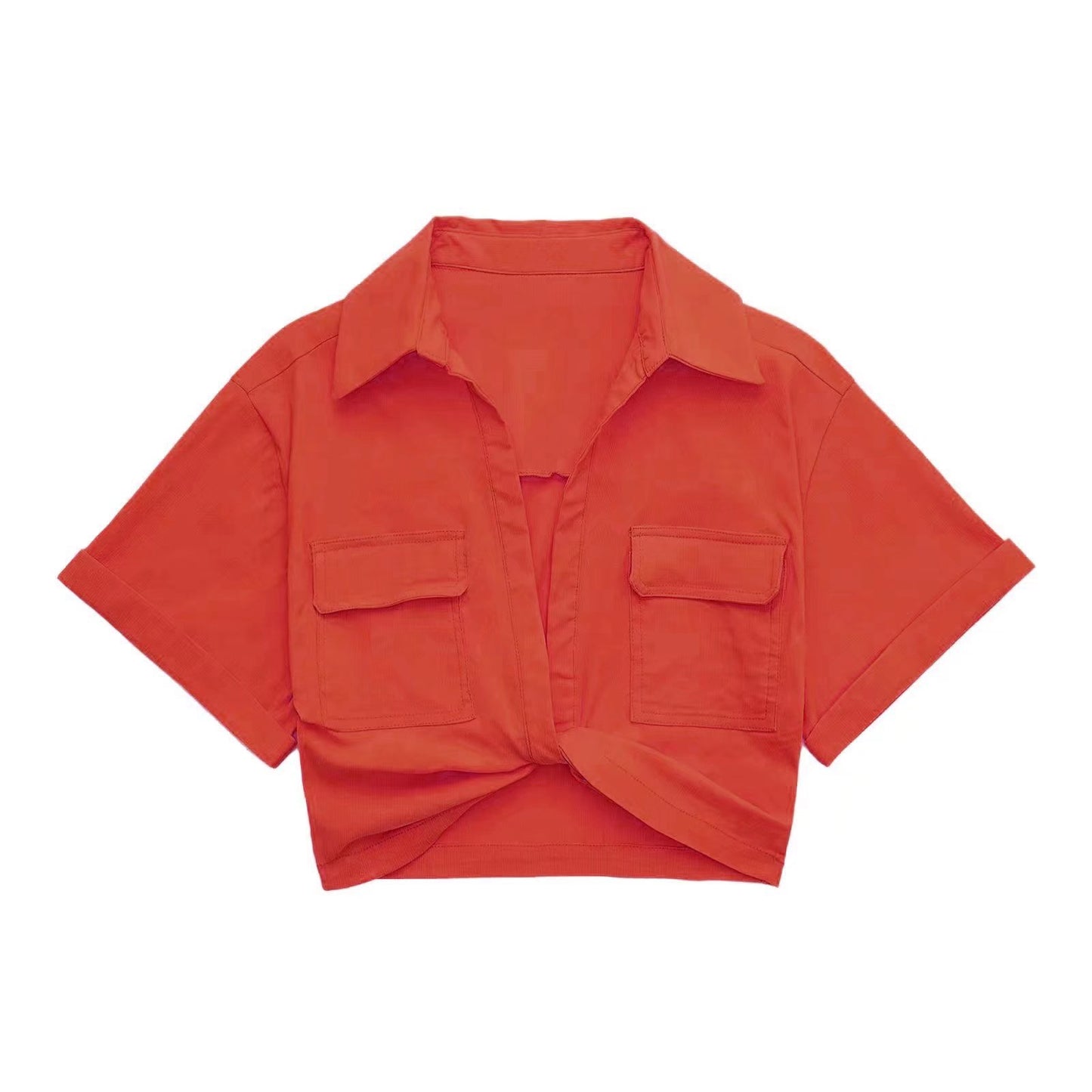 Solid Color Versatile Knot Embellishment Double Pocket Short Sleeved Shirt