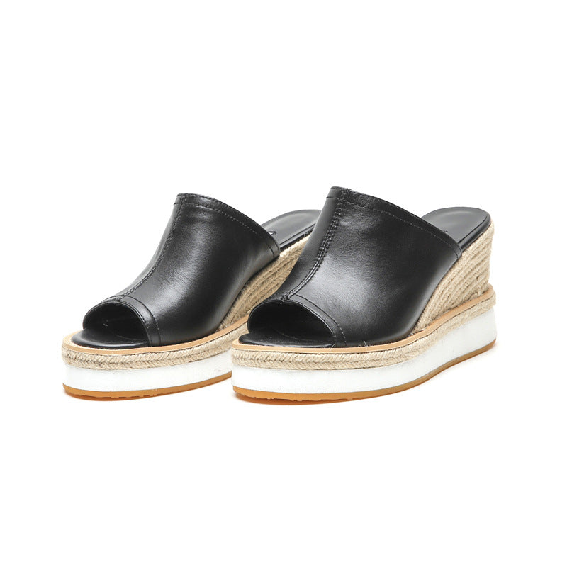 Straw Leather Wedge Sandals And Slippers
