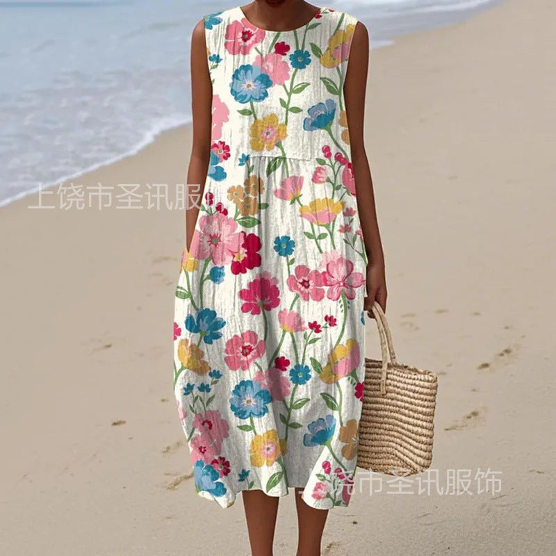 Womens Printed Crew-Neck Sleeveless Pullover Dress