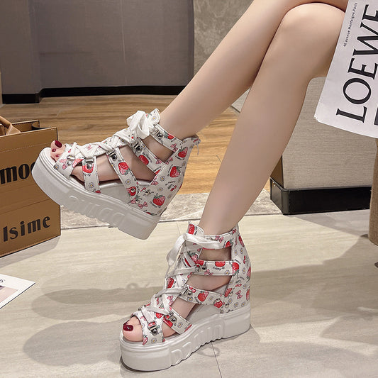 Platform Wedge Fish Mouth Print Sandals
