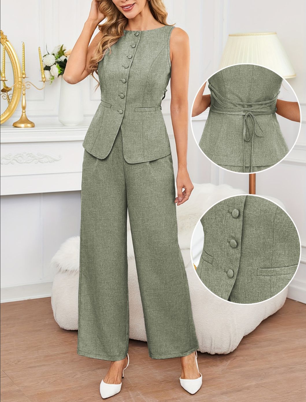 Sleeveless Top And Tie-waist Wide-leg Pants Set In French Style