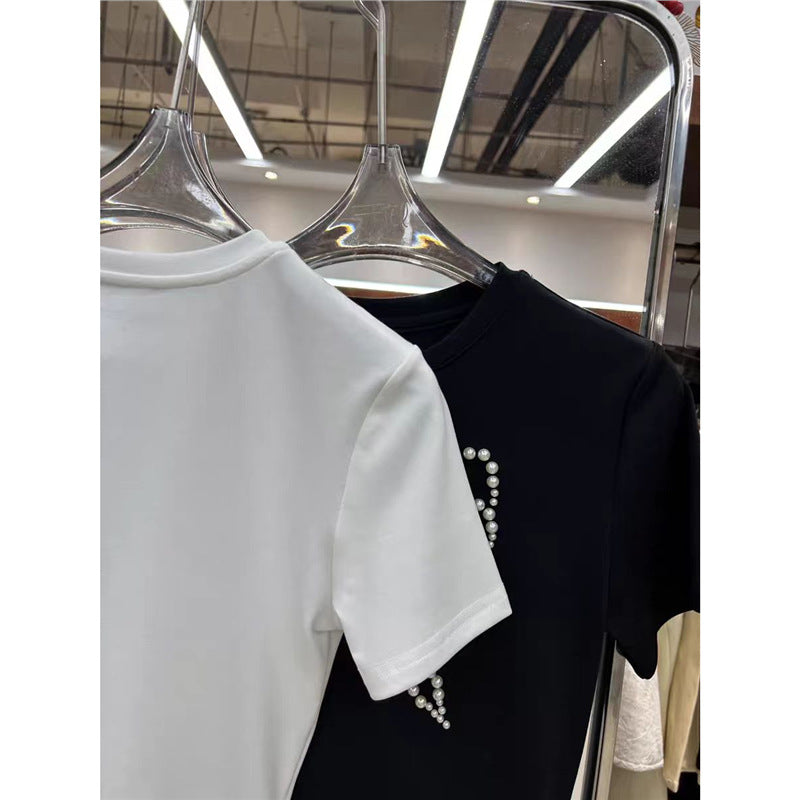 New Beaded Pearl Bow Short-sleeve Top