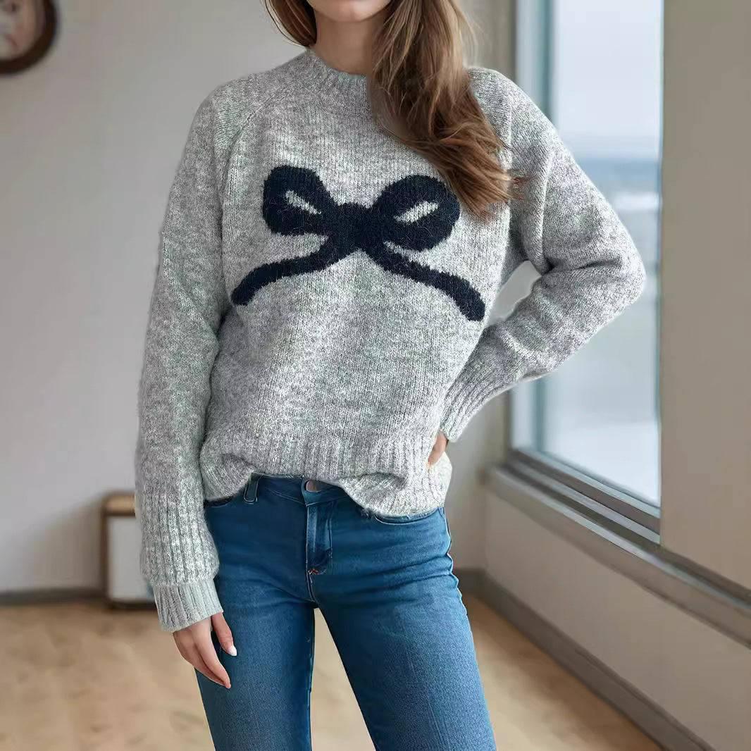 Women's RoundNeck Knitted Sweater With Bow Tie Outerwear Top