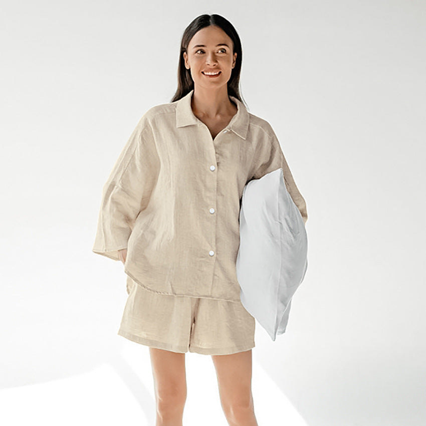 Cotton-Linen Pajama Set For Women Three-Quarter-Sleeve Top And Shorts Loose And Comfortable Two-Piece Set