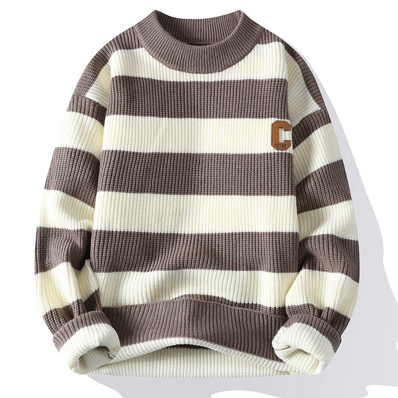 Efterårsbogstavstriber Mock Neck Sweater Flot Mands Strik Tide