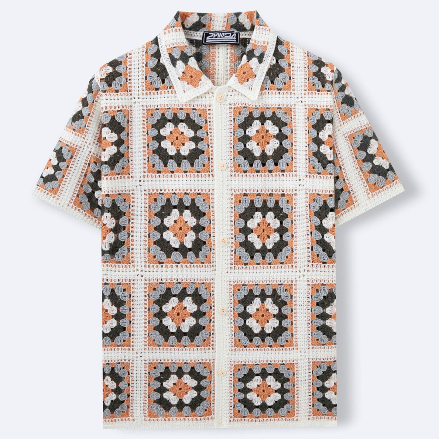 Color-blocked, Openwork, Lapel-neck Short-sleeve Knit Top