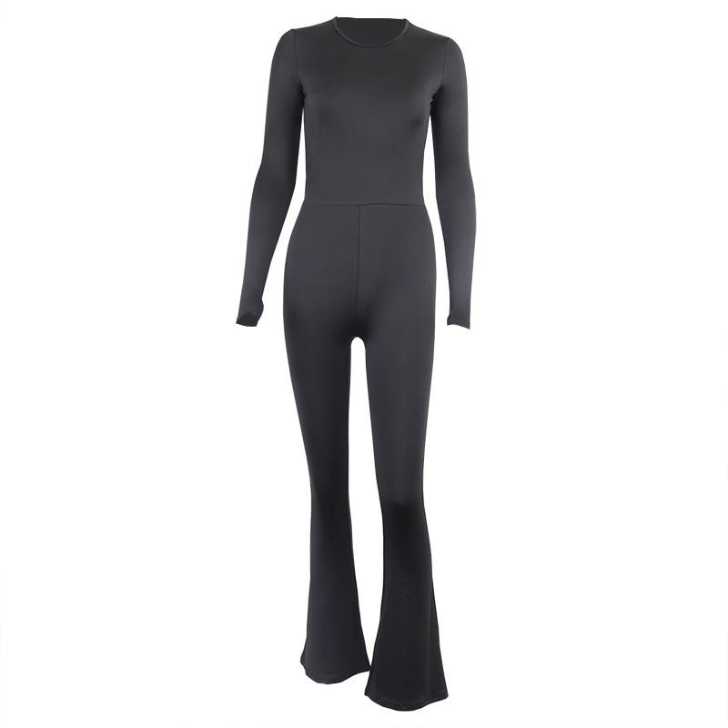 Round Neck Long Sleeve Back Pull Up Jumpsuit