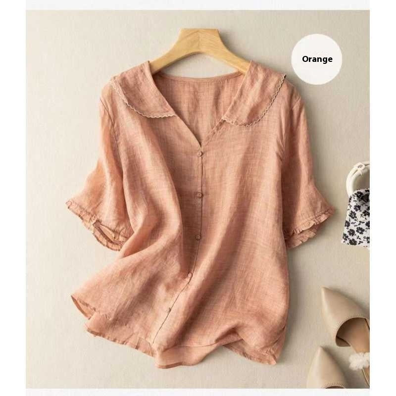 Women's Ramie Artistic Retro Cotton And Linen Doll Collar Loose Top