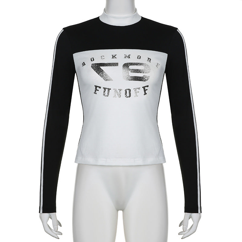 American Street Digital Printing Contrast Color Striped Stand Collar Splicing Machine Car Style Long Sleeve