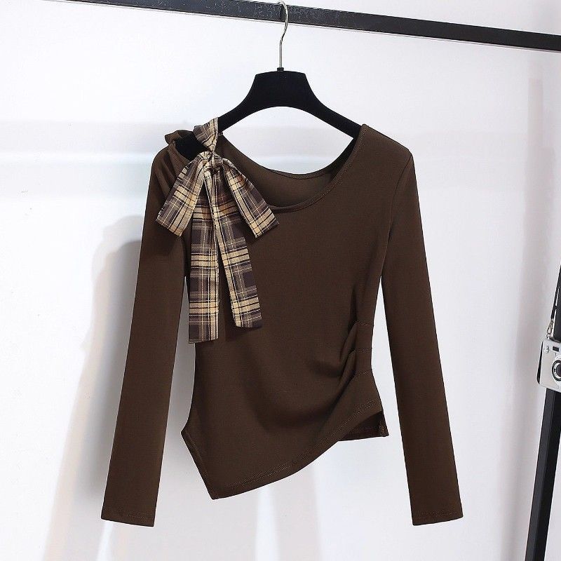 Irregular-shoulder Long-sleeve Top With A Plaid Skirt
