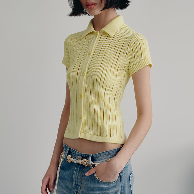 Flip Collar Hollowed Out Knitted Cardigan With Ice Silk Breathable T-shirt