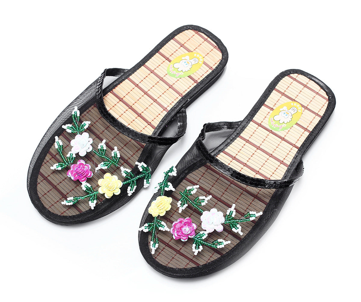 Hand-embroidered Beaded Silk Mesh Slippers