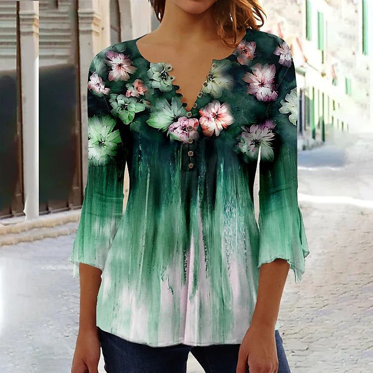 Bluse til kvinder med blomstret print, 3/4 ærmer, V-hals og knapper