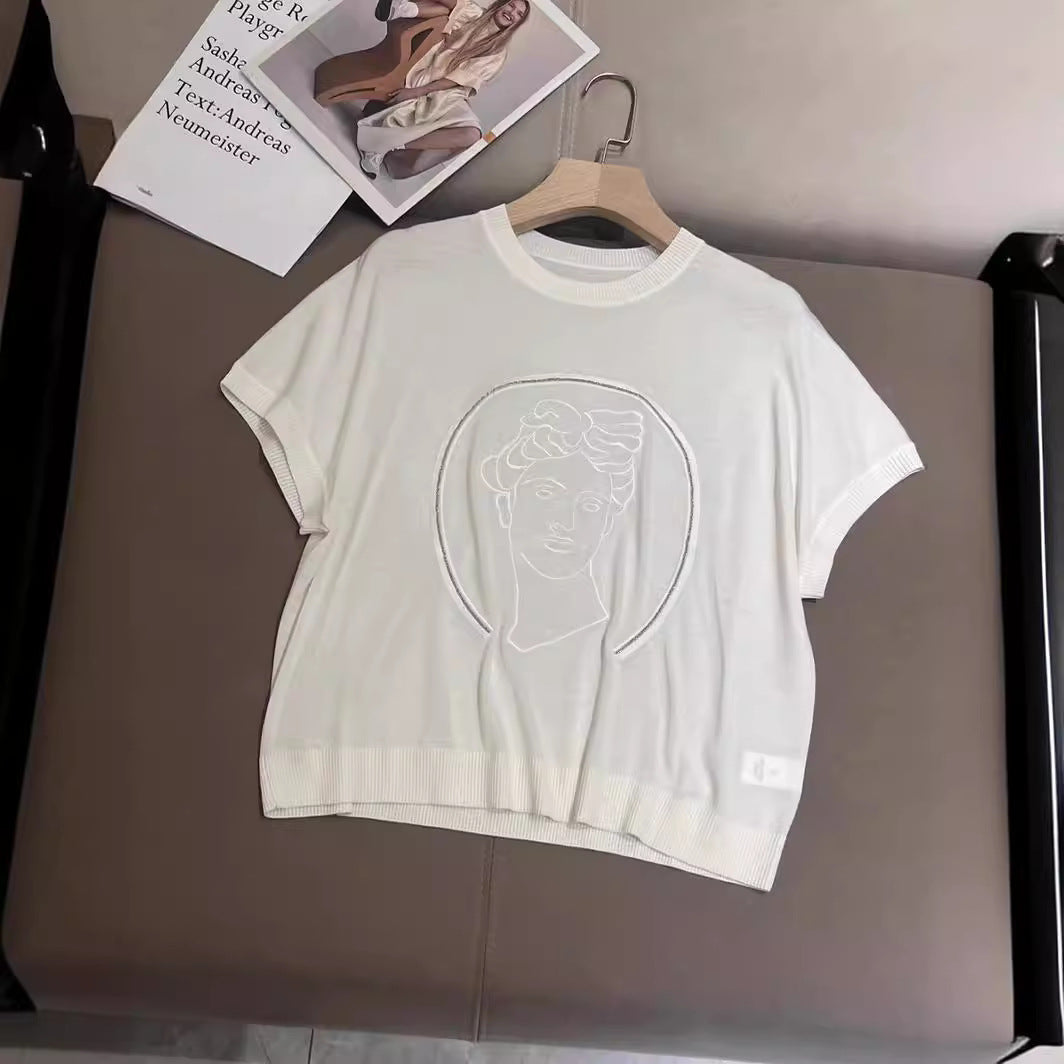 Young Commuter Heavy Industry Beads Pattern Pullover Wool Knitwear Short Sleeve Women