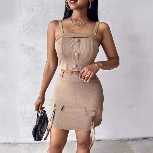 Buttoned Square-neck Camisole Top With Flap-detail Skirt Two-piece Set