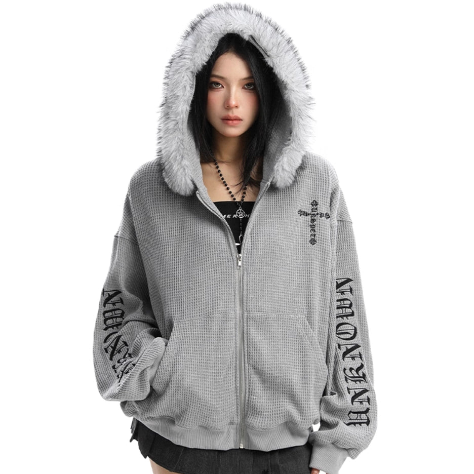 Cross Printed Hoodie Women's Fur Collar Baggy Coat