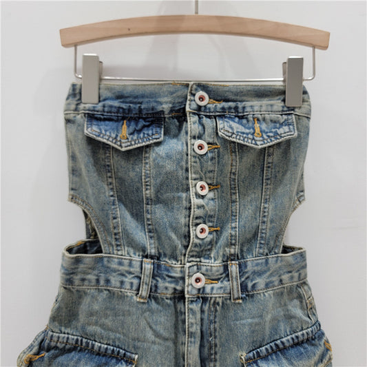 Hot Girl Breasted Hollow-out Midriff Tube Top Cowboy Siamese Shorts For Women
