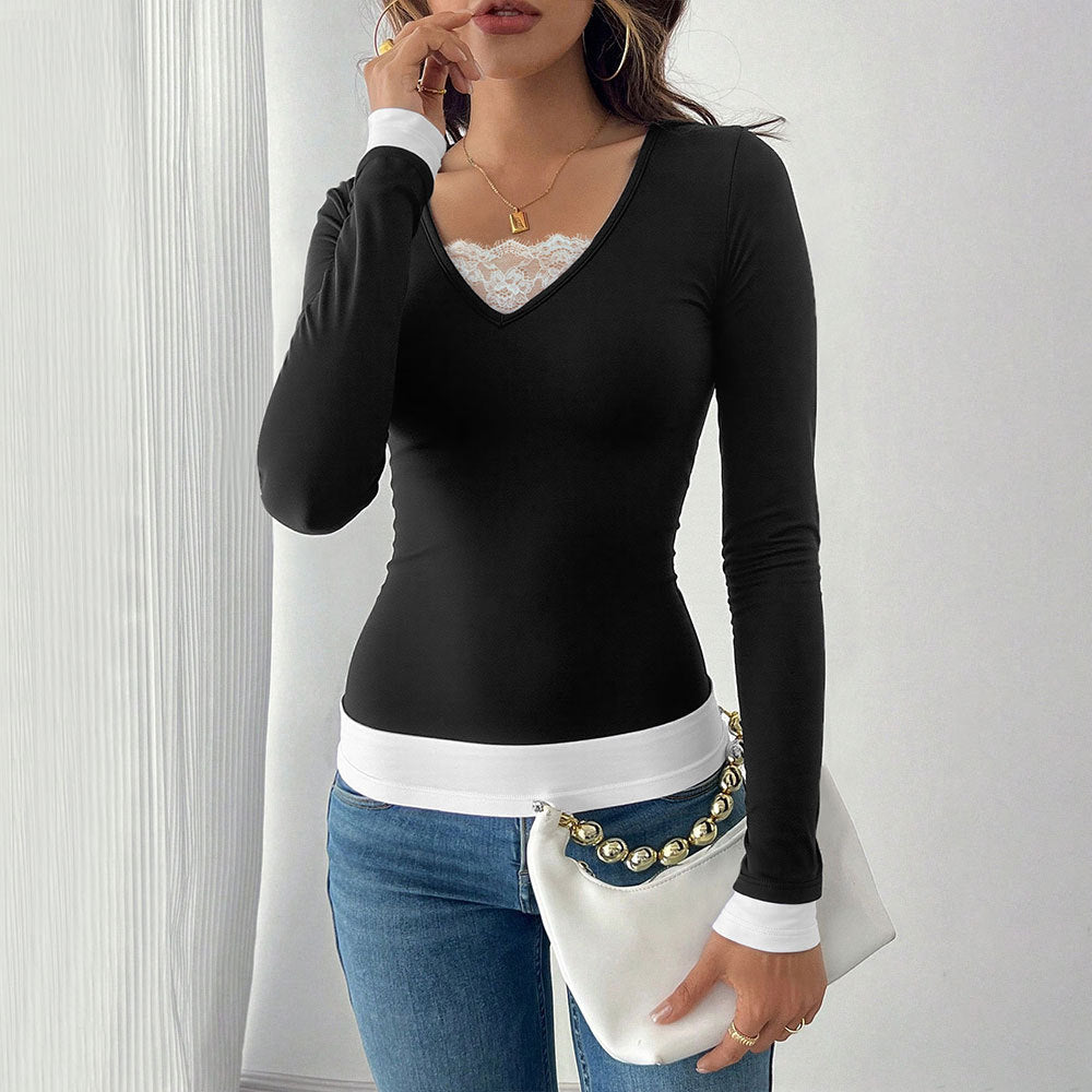 Autumn And Winter Pure Desire Style Sexy V-neck Long Sleeve Color-blocking Fake Two-piece Waist-cinching Top