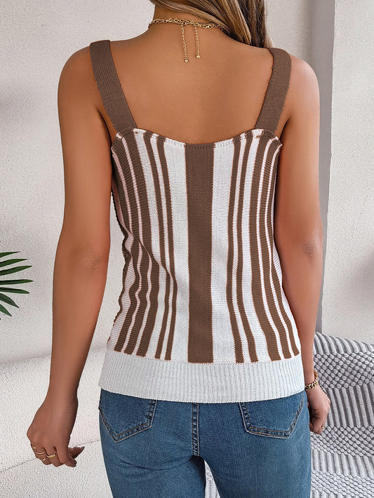 V-Neck Buttoned Color Block Hollow Out Knit Top - Vacation Cami