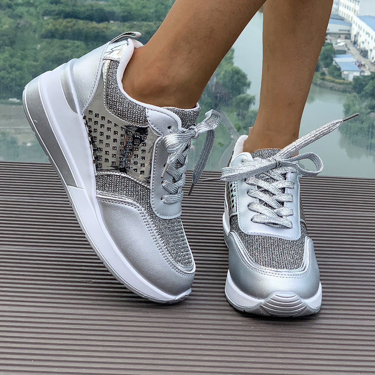 Sequin Round-Toe Lace-Up SpringAutumn Casual Sneakers