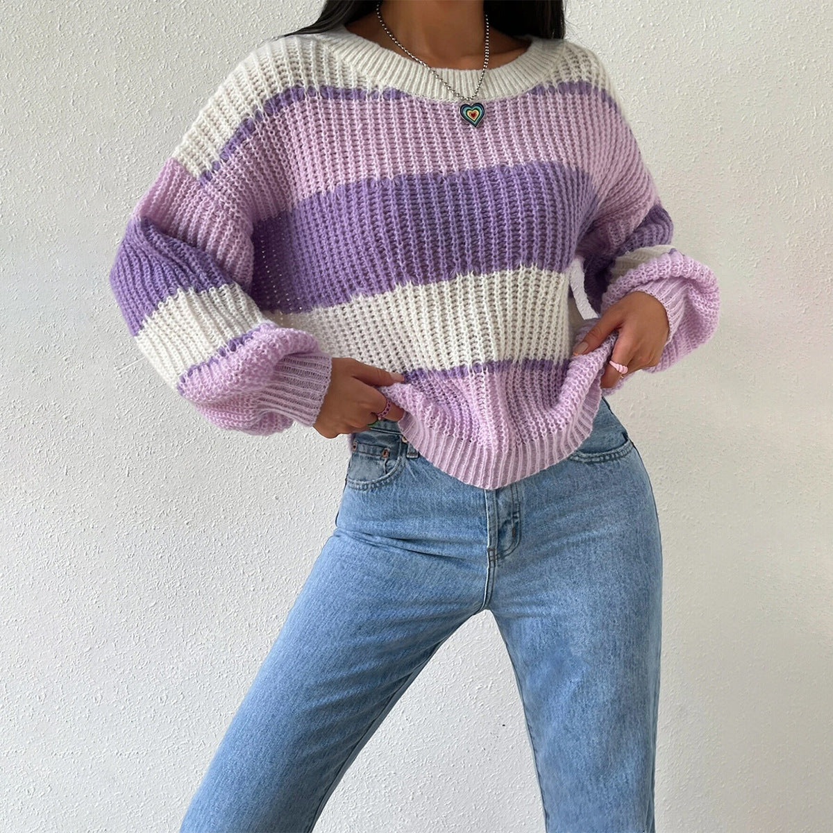 Efterår Og Vinter Langærmet Pullover Kontrastfarve Casual