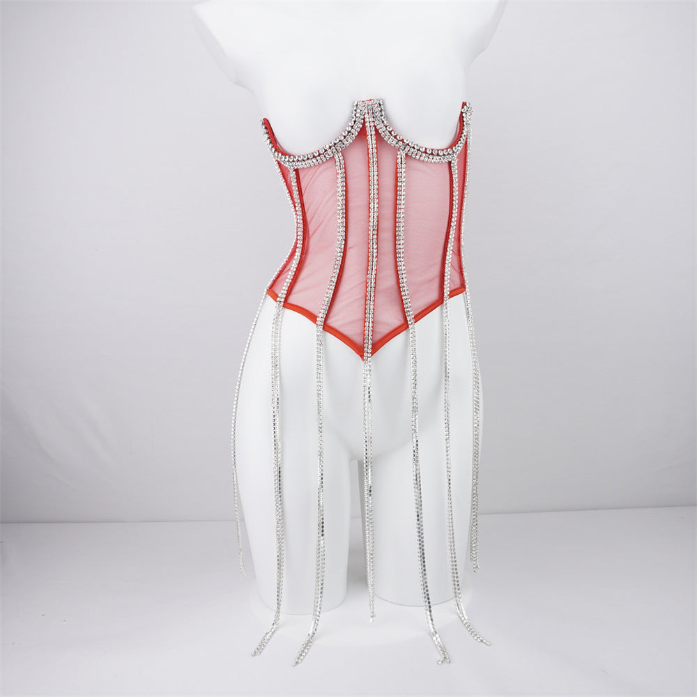 Bright Rhinestone Vest Transparent Lace Bra Hot Girl Women's Outer Wear