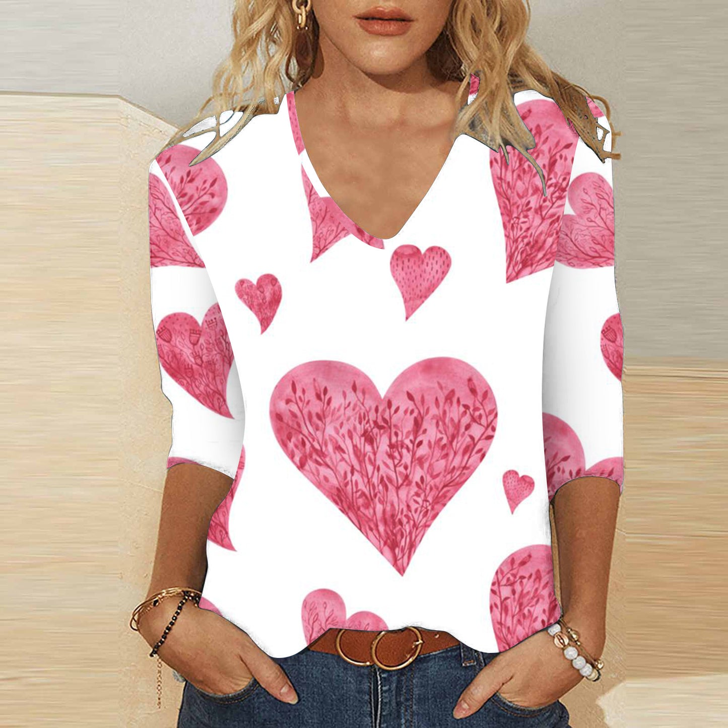 3D digitaltryk Valentinsdag Hjerteprint Kvinders søde afslappede løse V-hals 3/4-ærmet T-shirt