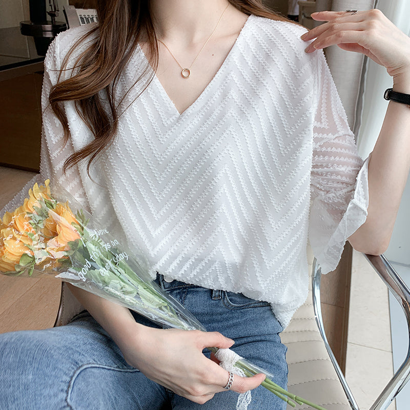 Women's Summer White Chiffon Short Sleeve Shirt
