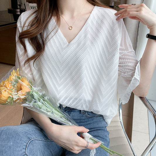 Women's Summer White Chiffon Short Sleeve Shirt