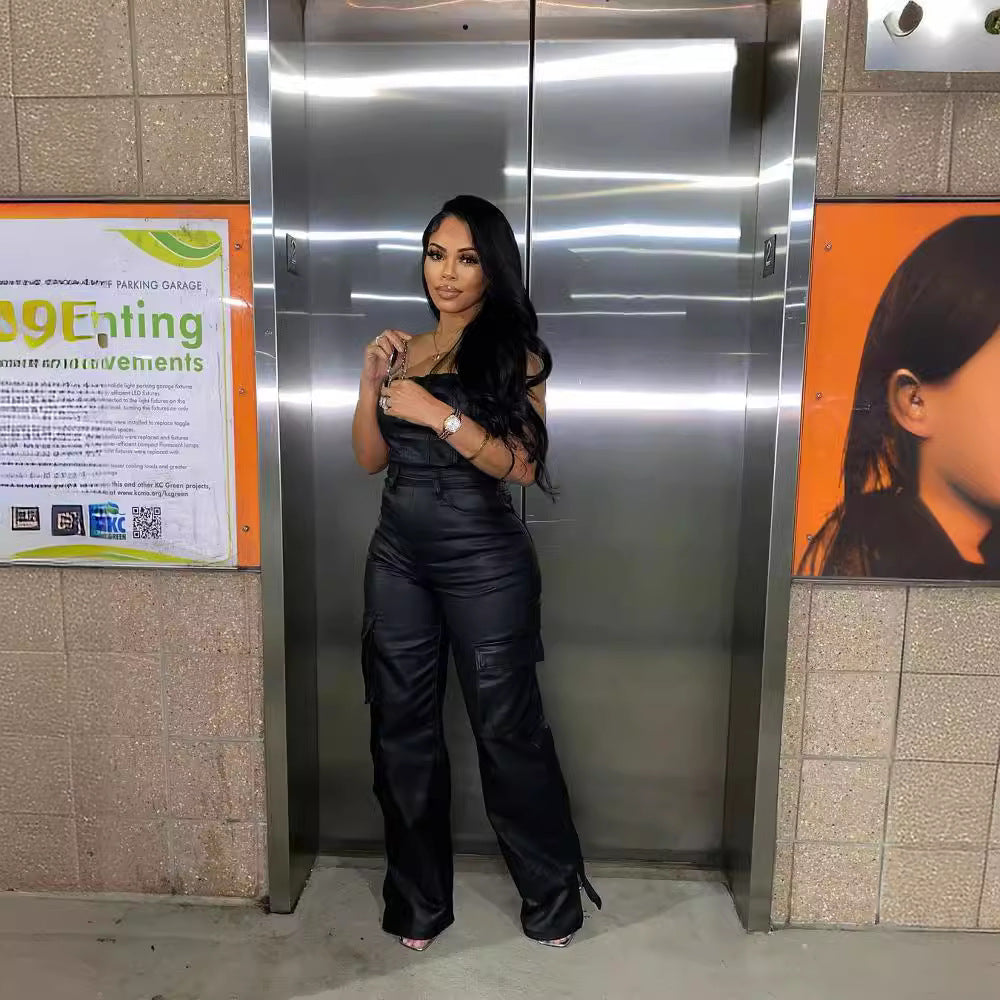 Women's Workwear With Pocket Tube Top One-piece Leather Pants