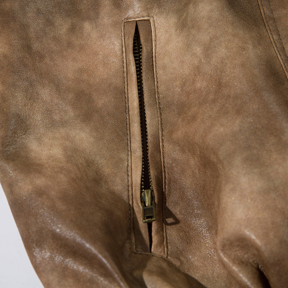 Contrast Color PU Leather Coat Men