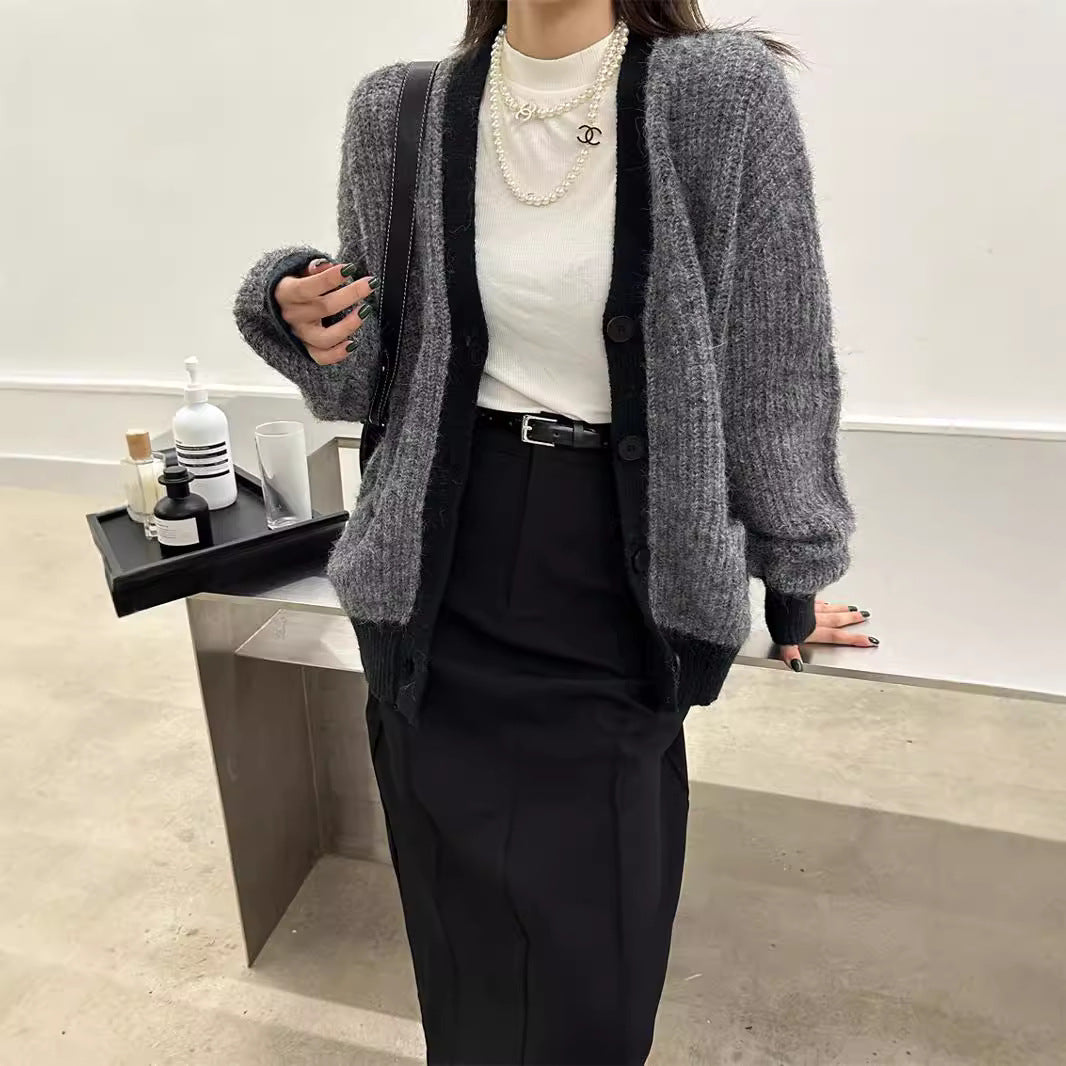 Women's Wool Contrast Color Knitted Sweater Cardigan V-neck