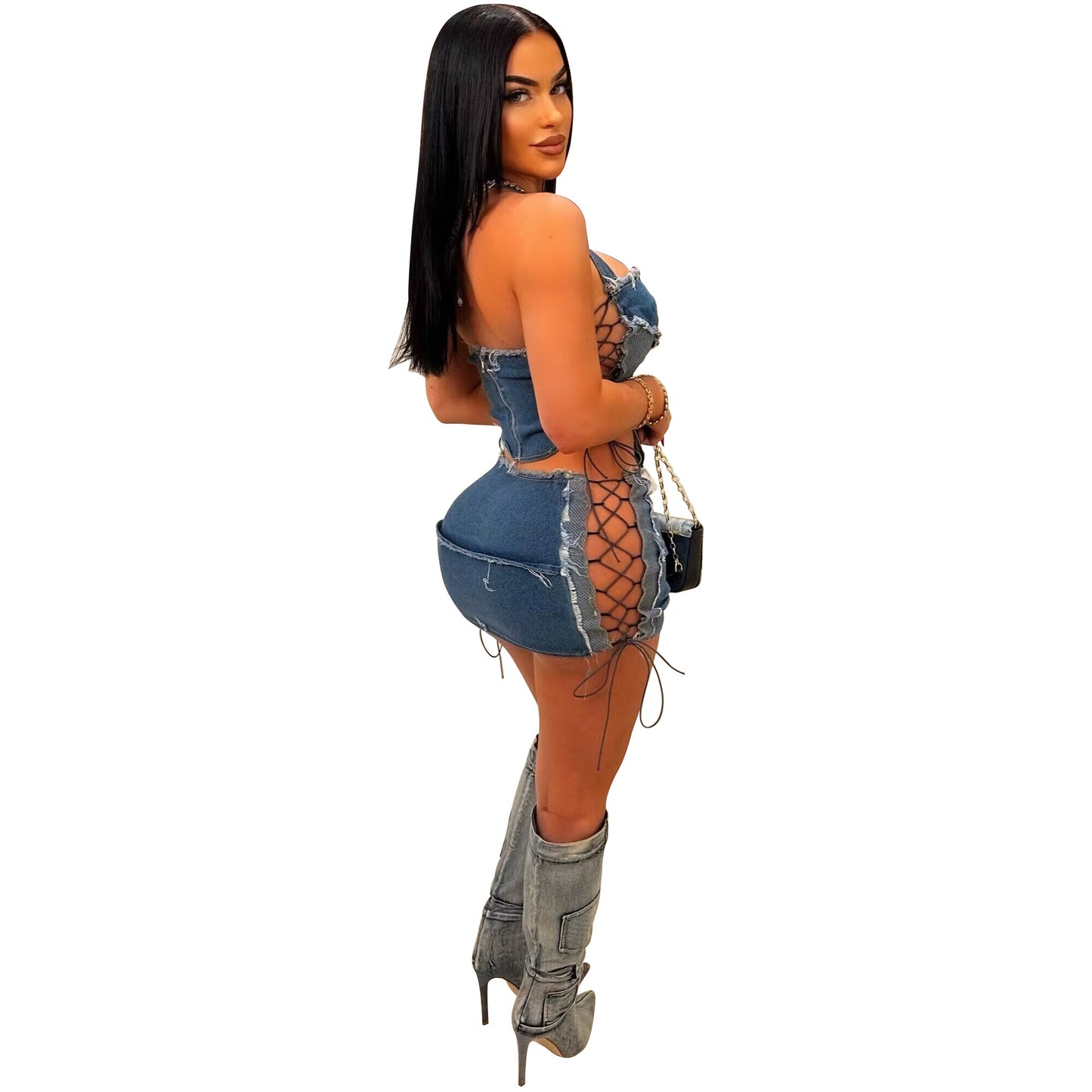 Denim Two-piece Suit Chest-wrapped Lace-up Halter Pocket Top