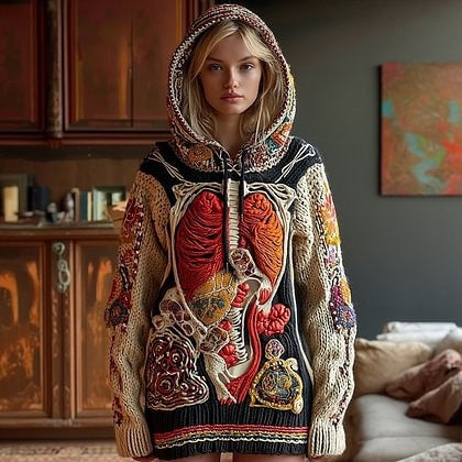 American Retro 3D Printed Hooded Cozy Loose Casual Womens Chunky-Knit Sweater