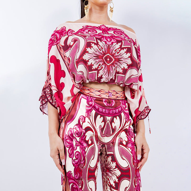 Fashionable Off Shoulder Long Sleeve Printed Set